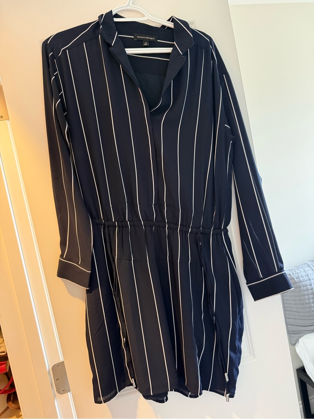 Banana Republic Navy and White Vertical Stripe Long-Sleeve Dress